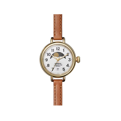 Shinola Birdy Moon Phase | 34mm | Polished PVD Gold Plating | White Matte Velvet Dial | 8mm Bourbon Leather Strap